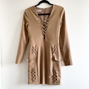 House of CB Tan Lace-Up Long Sleeve (Thamina) Dress